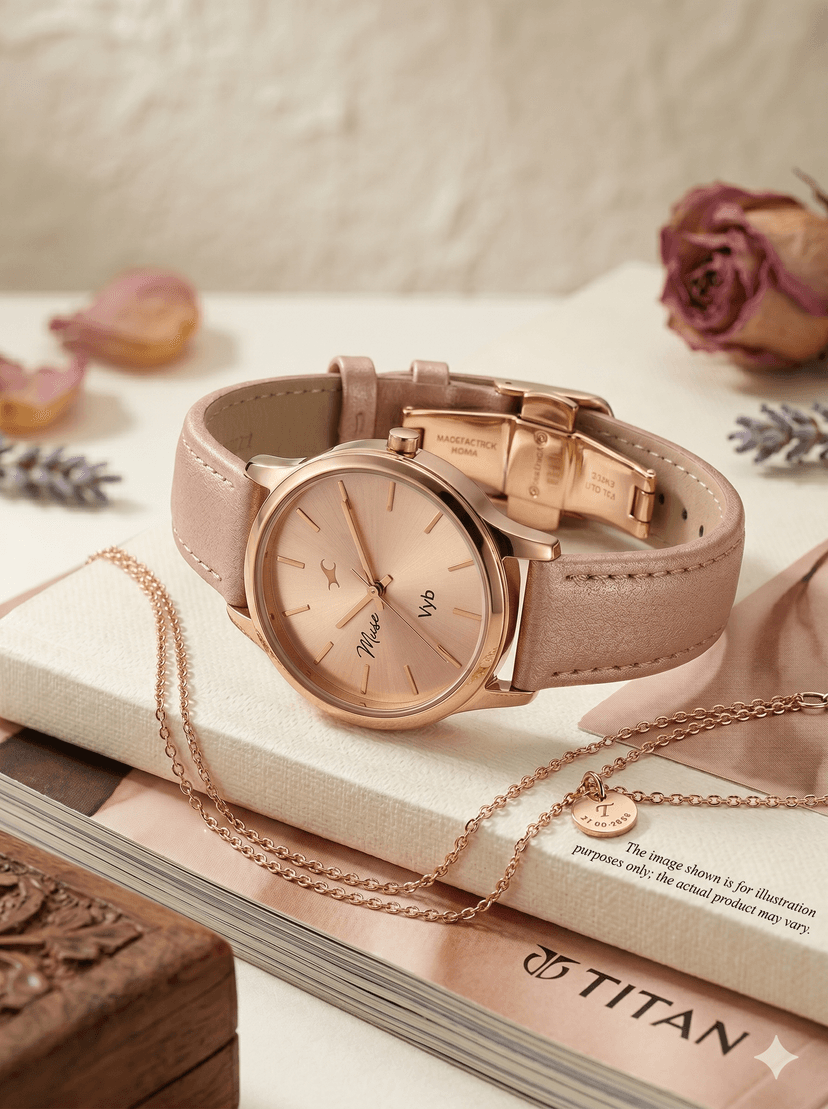 Fastrack Vyb Muse Quartz Analog Rose Gold Dial Watch for Girls with PU Leather Strap & Alloy Case (FV60114WD01W)