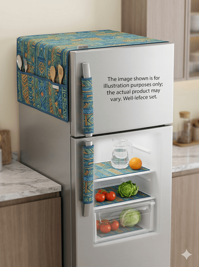 Yellow Weaves Combo of Fridge Top Cover with Handle Covers & Fridge Mats (6 Piece Set)